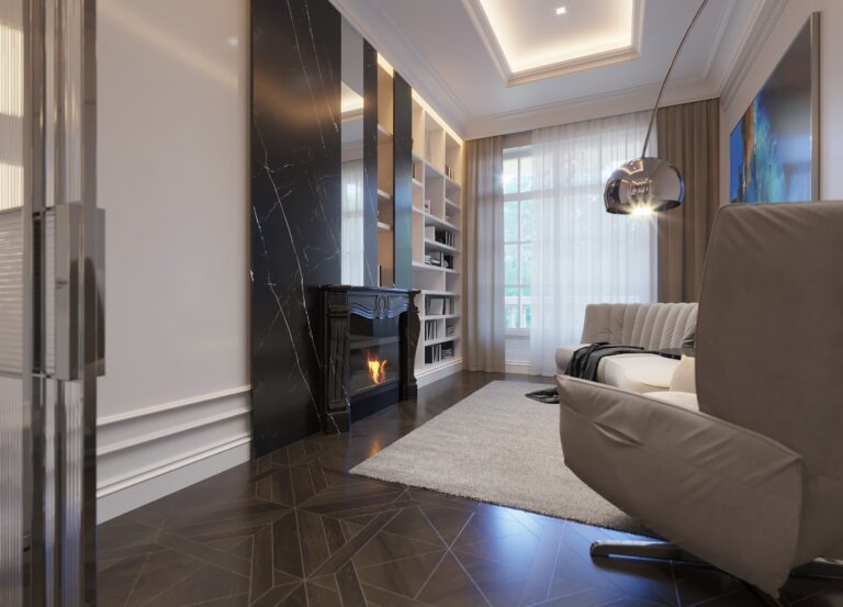 Дизайн холла 3-го этажа с каминной