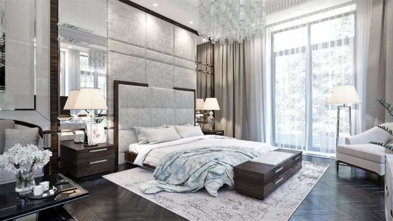 Спальня с текстильной светло-серой стеновой панелью с боковыми зеркалами