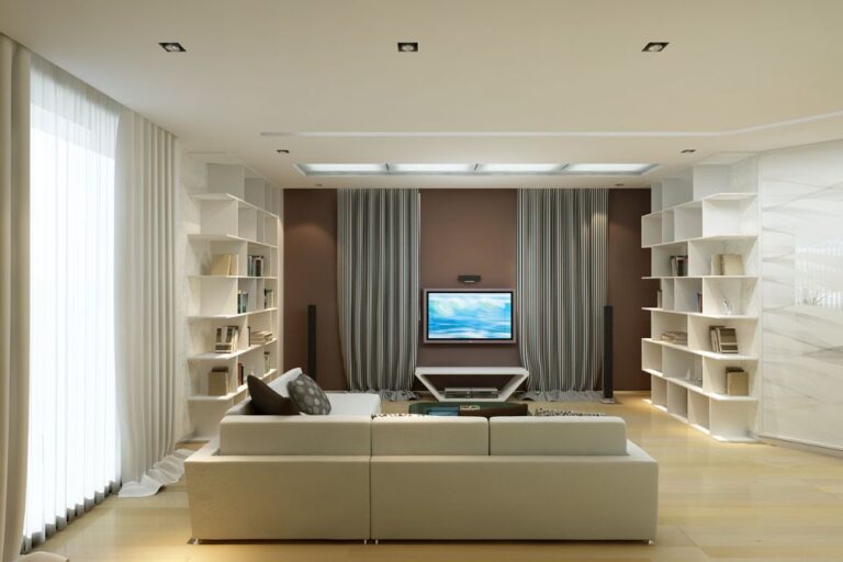 Коричневый фон и черно-белые шторы в оформлении тв-панели в гостиной