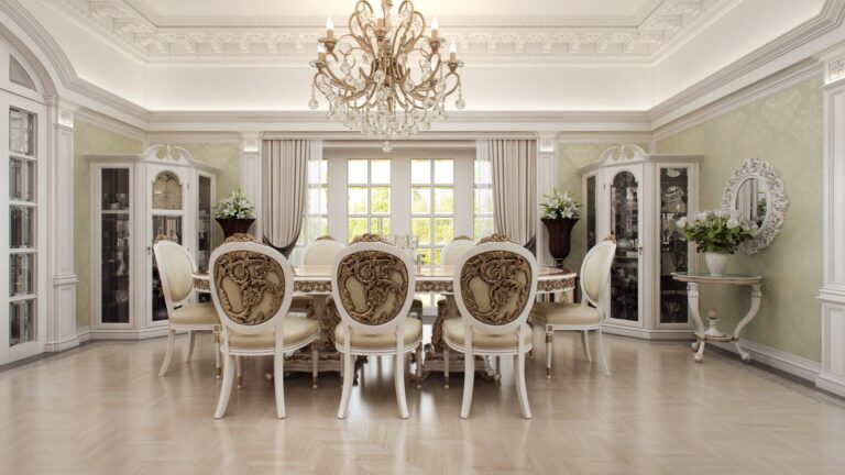 Стиль ампир в интерьере столовой с красивой резной мебелью