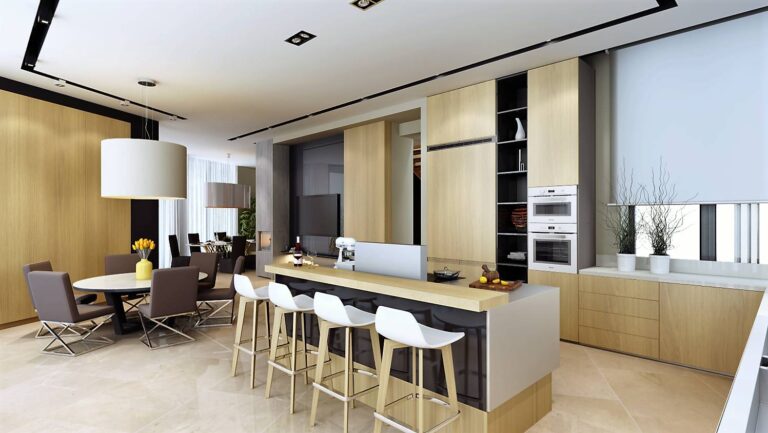 Изысканная кухня с деревянными панелями орехового оттенка