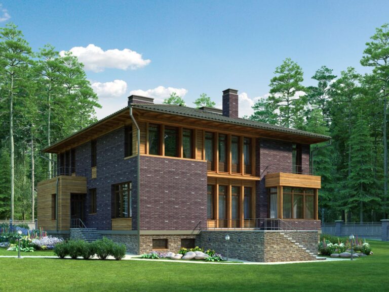 Левый фасад в отделке красным кирпичом