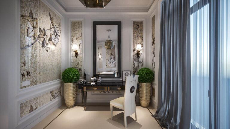 Декорированная ванная комната с черным туалетным столом