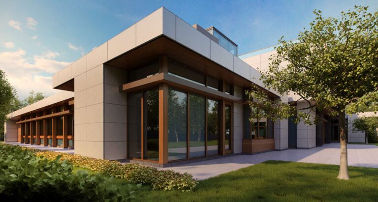 Фасад из белого гранита и светло-ореховой древесины