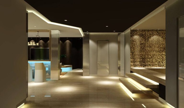 Дизайн холла сауны SPA в золотистых тонах