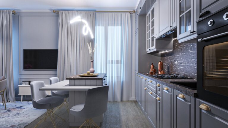 Интерьер кухни-гостиной с островом
