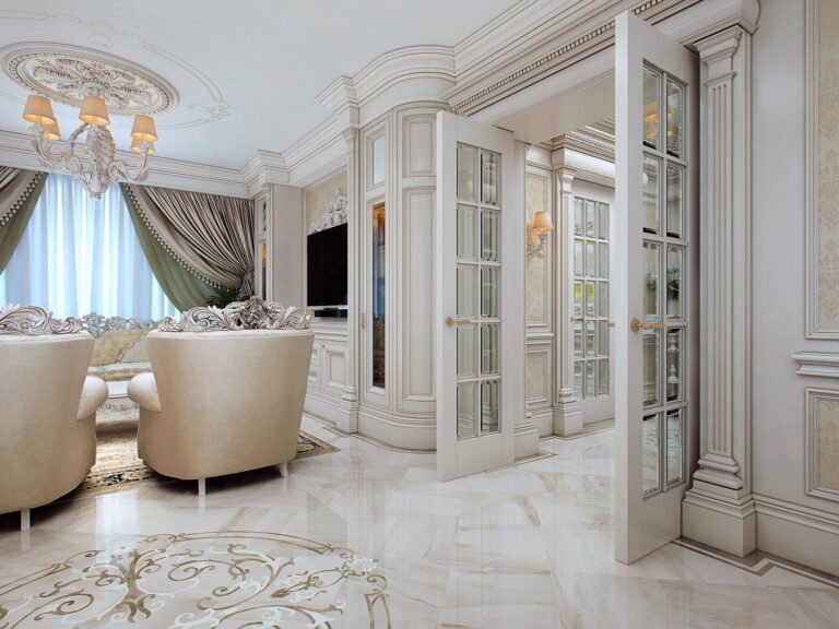 Дизайн гостиной с рельефной лепниной по периметру потолка