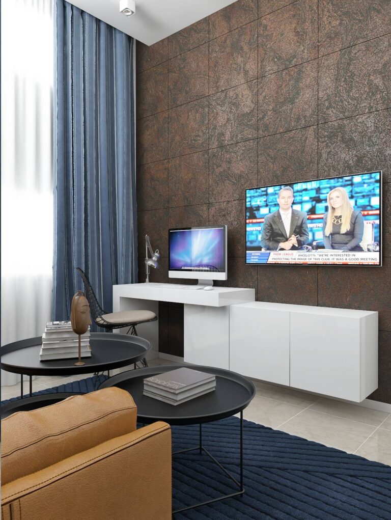 Природный камень темно-коричневого цвета в дизайне светлой гостиной