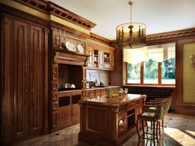 Дизайн кухни с лакированными фасадами цвета красного дерева