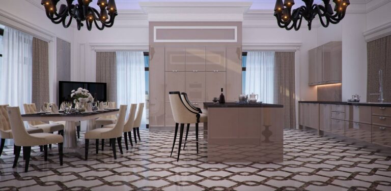 Изысканный дизайн кухни с бежевым текстилем стульев