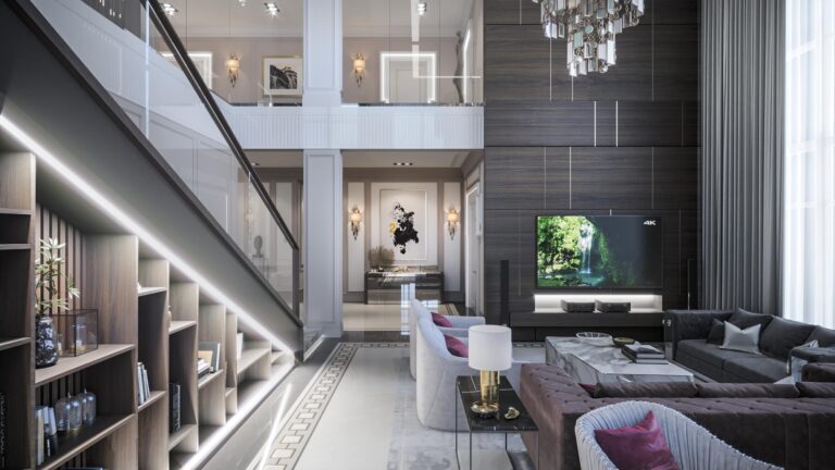 Темно-коричневые стеновые панели в интерьере белой гостиной