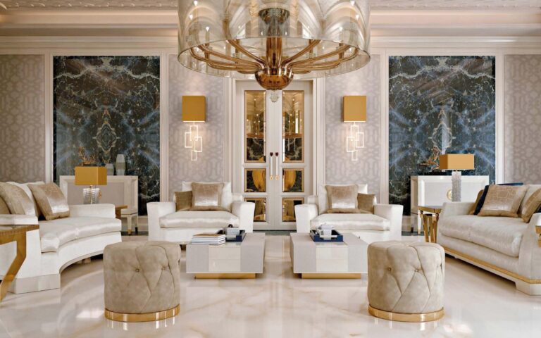 Элитный интерьер гостиной с большими стеклянными панно