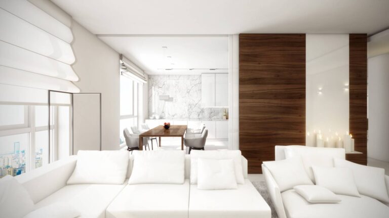 Современное оформление гостиной с белым диваном и креслами