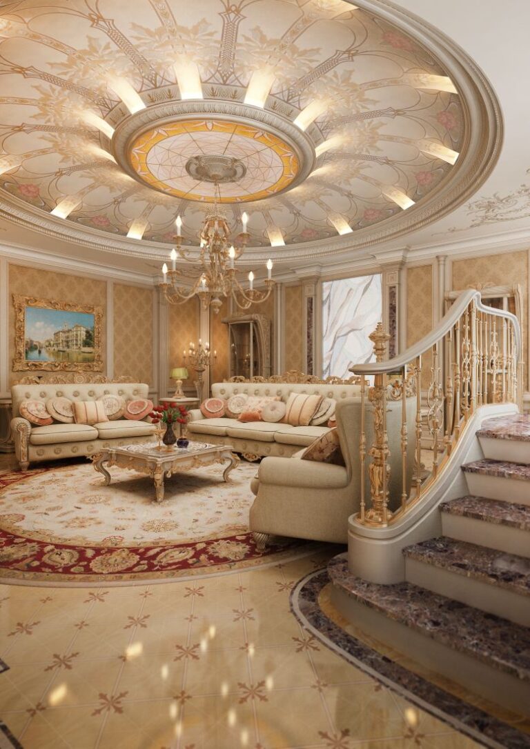 Дизайн интерьера гостиной с резным золотистым столиком