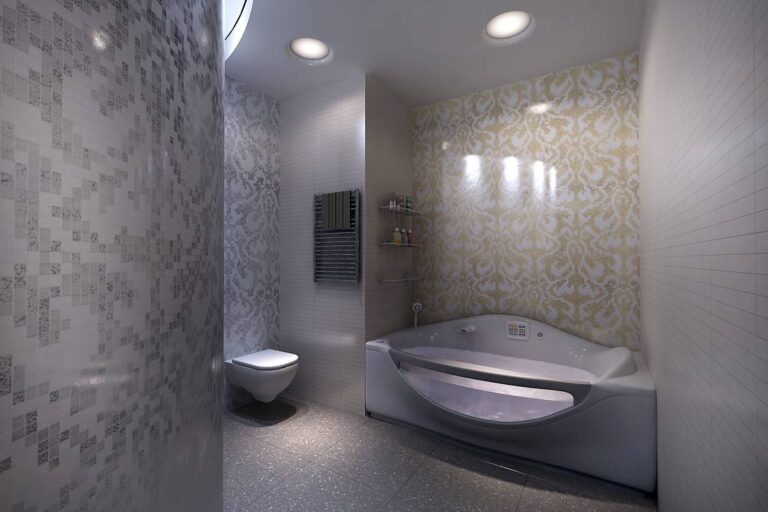 Дизайн ванной комнаты с серой и золотистой мозаикой