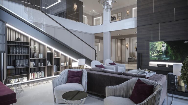 Гостиная со встроенным книжным шкафом под лестницей