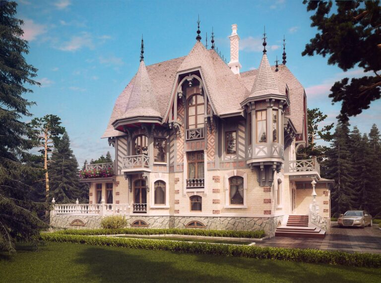 Бутовый фундамент в экстерьере дома в стиле шале