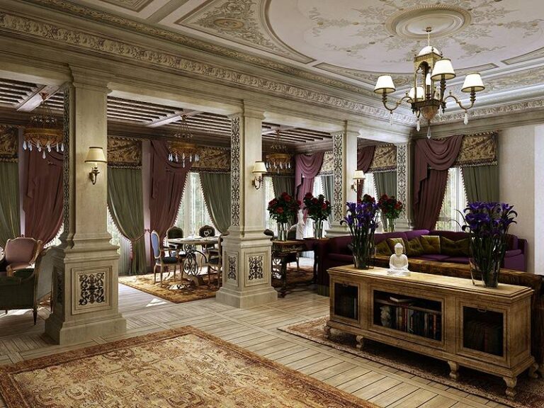 Мебель с патиной в интерьере гостиной и столовой