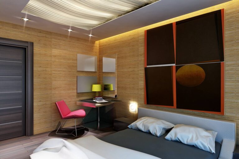 Интерьер спальни с рабочим уголком в стиле модерн