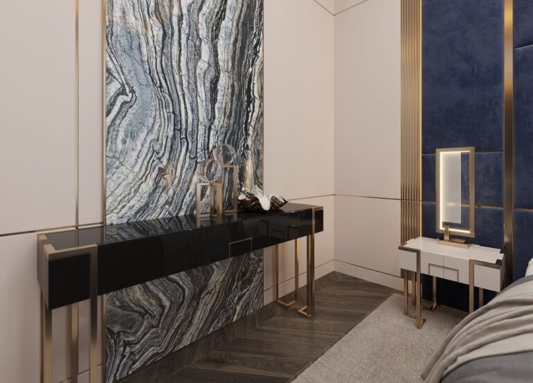 Спальня с высоким панно и туалетным столиком