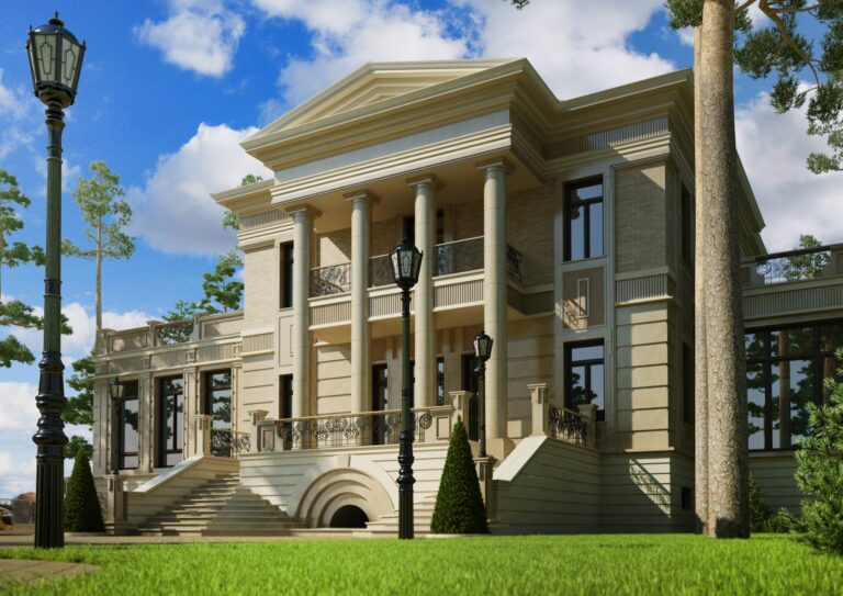 Высокое крыльцо с перилами, колоннами и балконом на фронтальном фасаде дома