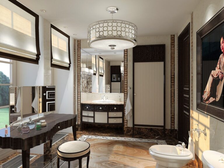 Санузел с декорированным мраморным полом и римскими шторами