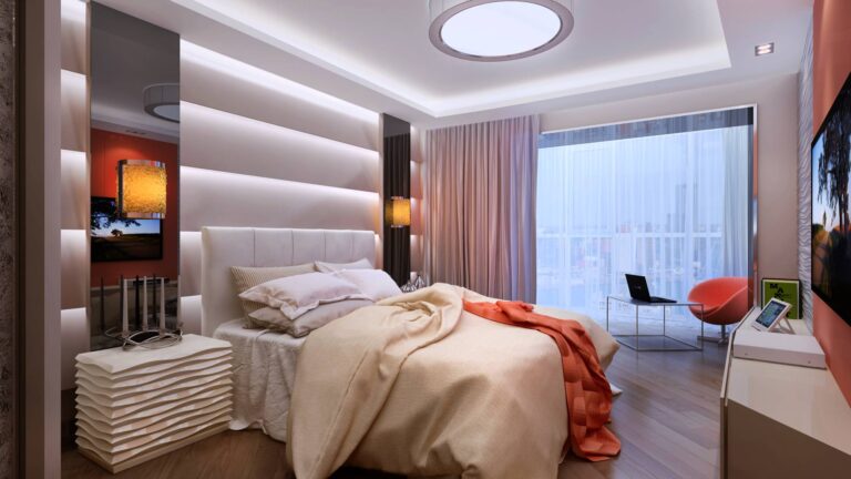 Фото интерьер спальни в оранжевых оттенках