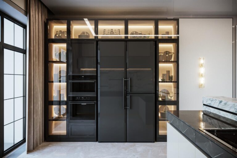 Белая кухня с черным шкафом для встроенной техники