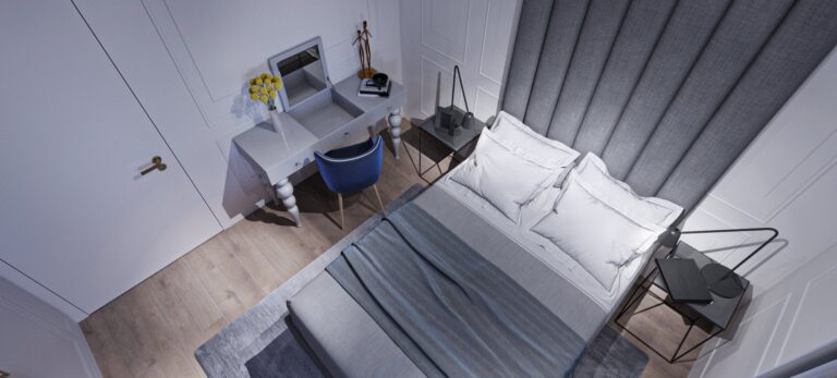 Серый интерьер спальни с красивым туалетным столиком