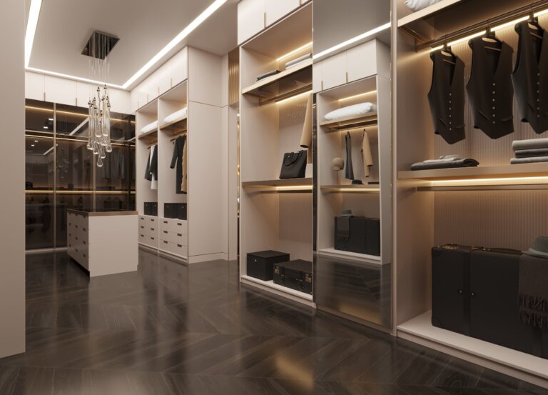 Дизайн гардеробной с темными полами и светлой мебелью