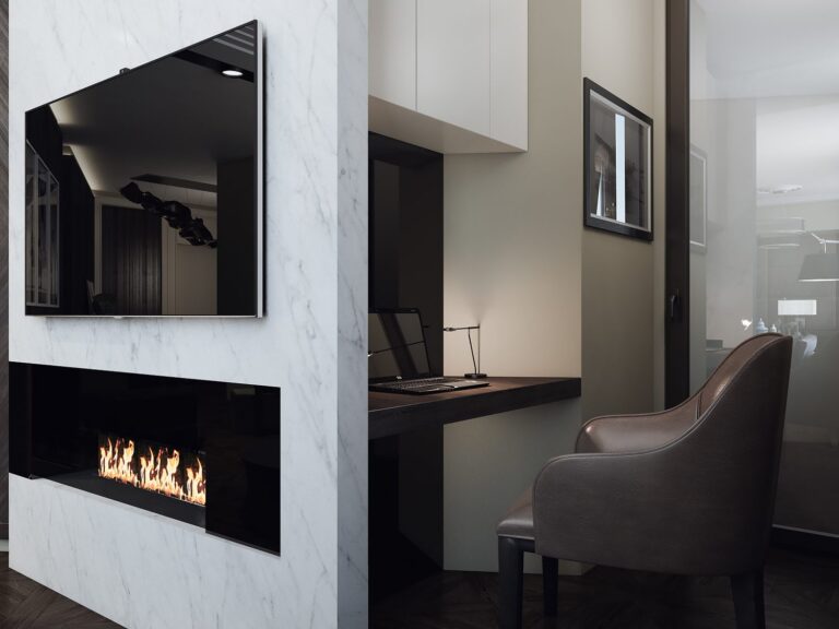 Гостиная со встроенным письменным столом и кожаным креслом