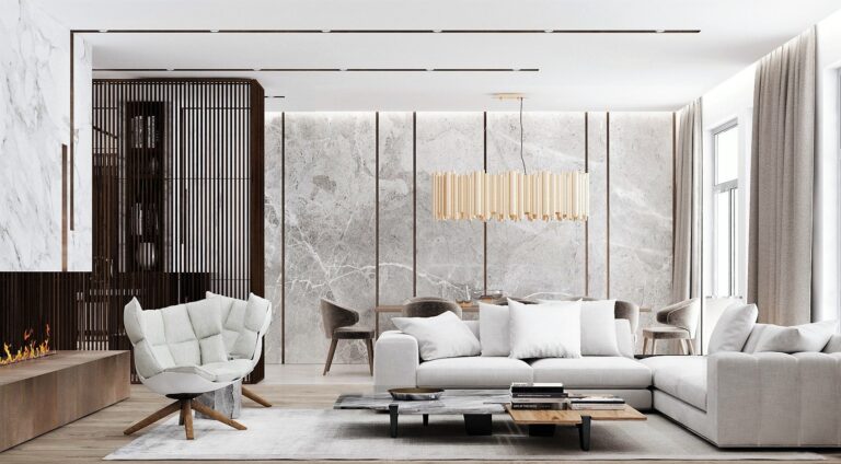 Камин и обеденная зона в интерьере бело-серой гостиной