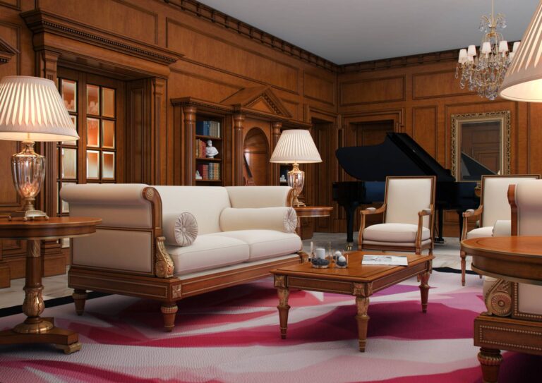 Классический дизайн гостиной с деревянными панелями на стенах