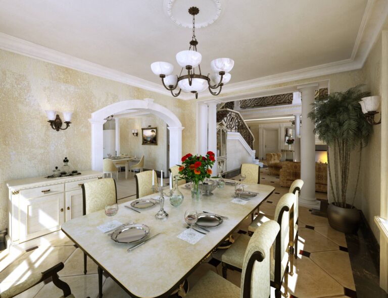 Белая арка в оформлении дизайна столовой частного дома