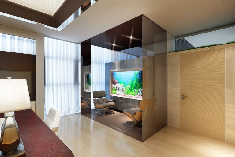 Бежевый цвет в дизайне кабинета в офисе с аквариумом