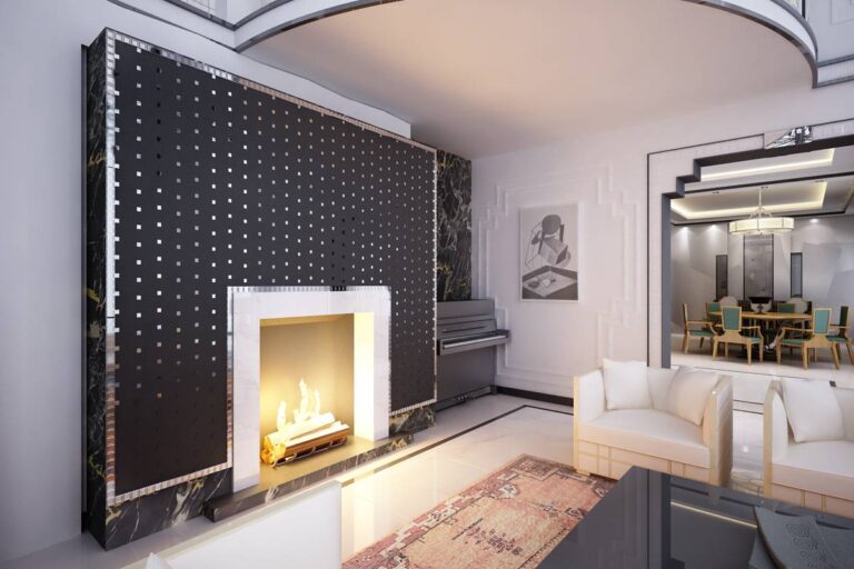 Интерьер гостиной с эффектным декоративным камином