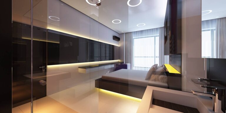 Черные панели в дизайне светлой спальни