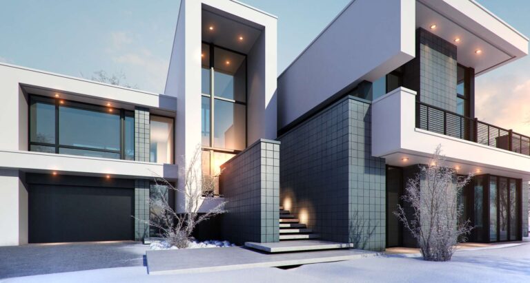 Серая плитка и белаяотделка в фасаде загородного особняка