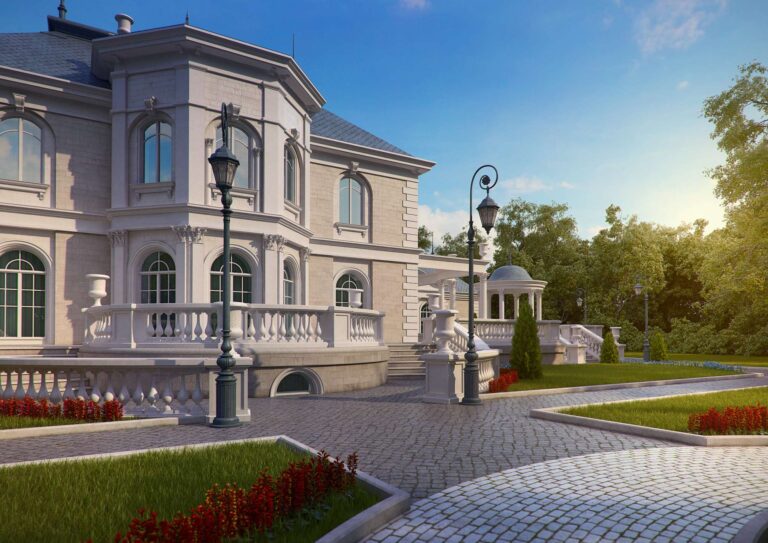 Арочные панорамные окна, балюстрада и эркер во внутреннем фасаде дома