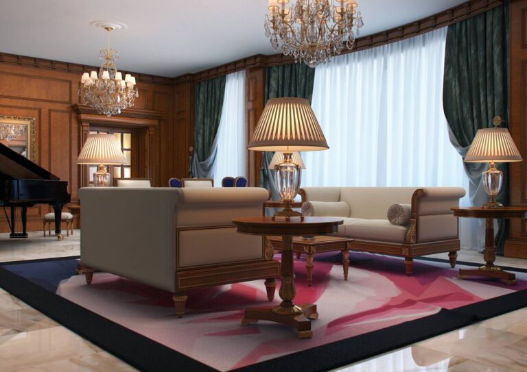 Оформление классической гостиной хрустальными люстрами и светильниками