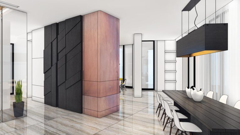 Эскиз современной столовой в сочетании черного, белого и светло-коричневого цвета