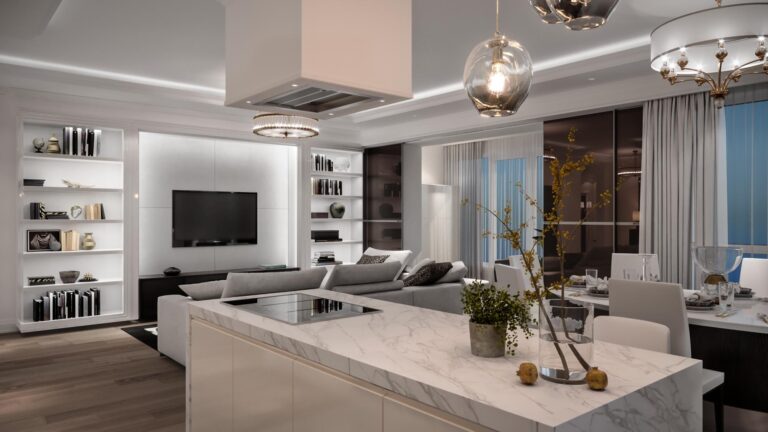 Дизайн зоны отдыха с открытым белым шкафом для ТВ