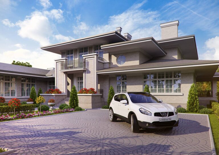 Парковка для автомобилей, выложенная серой тротуарной плиткой