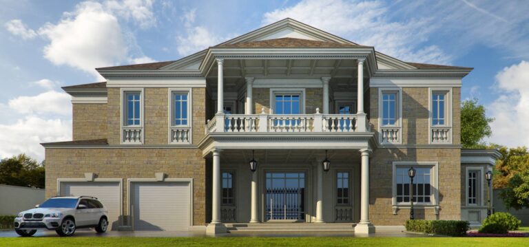 Гараж и портик с балконом на переднем фасаде особняка из палевого кирпича