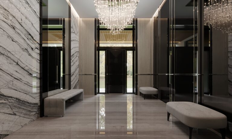 Интерьер большой прихожей с бежево-серыми оттенками