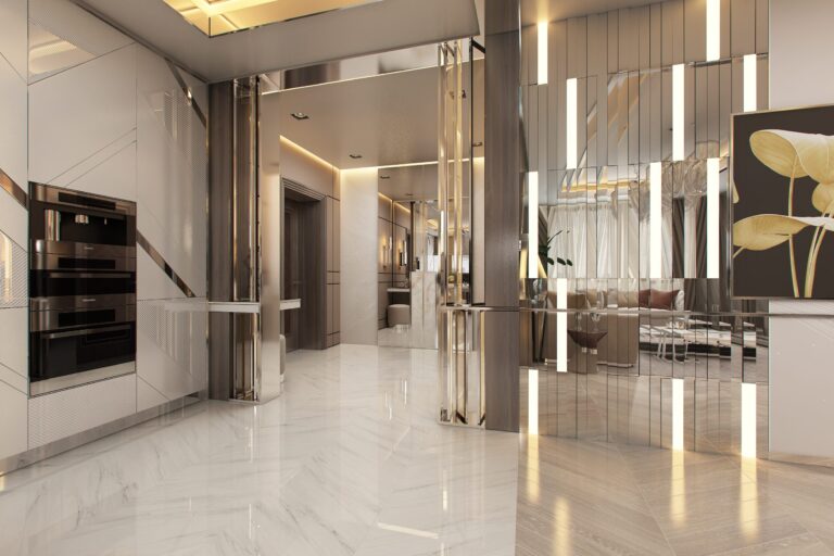 Зеркальная отделка в интерьере кухни со встроенной техникой