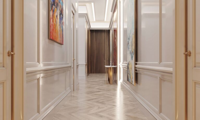 Дизайн коттеджа с просторным длинным холлом