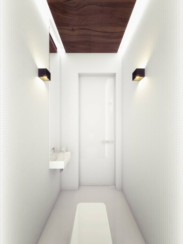 Белоснежный дизайн санузла с коричневыми акцентами