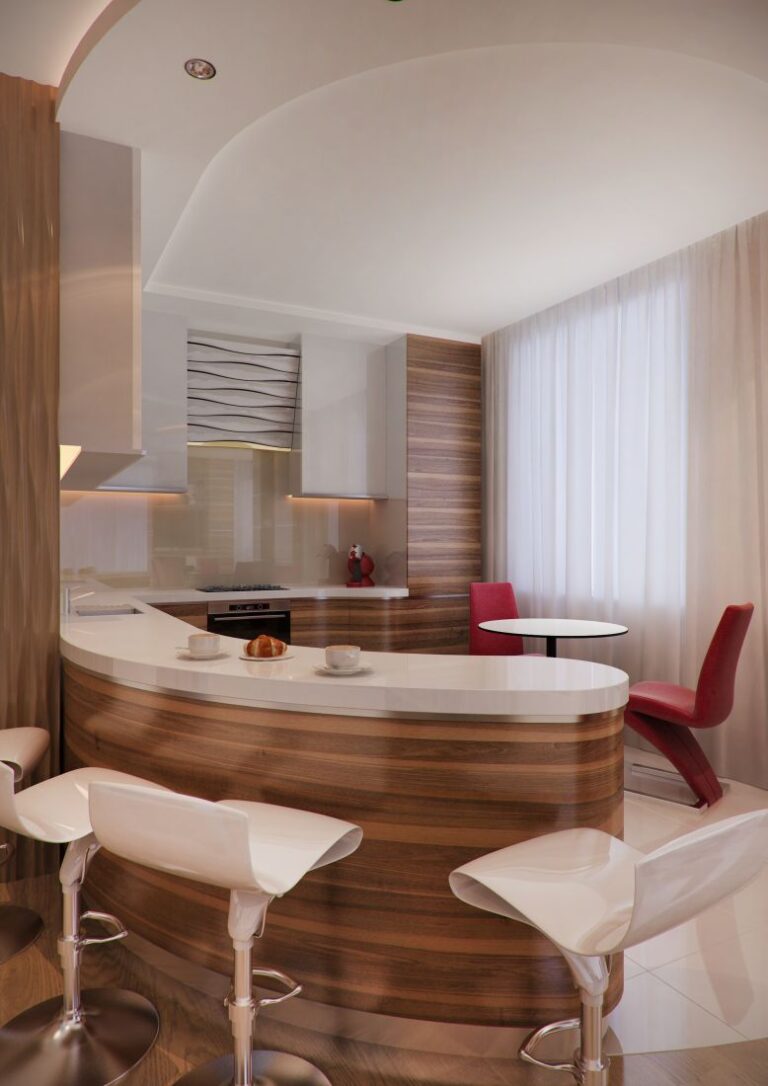 Дизайн небольшой кухни в бело-коричневых тонах