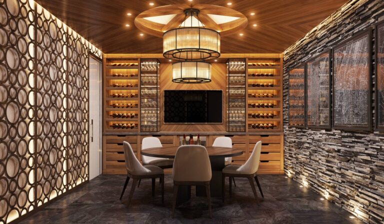 Природный камень и натуральная древесина орехового оттенка в дизайне бара